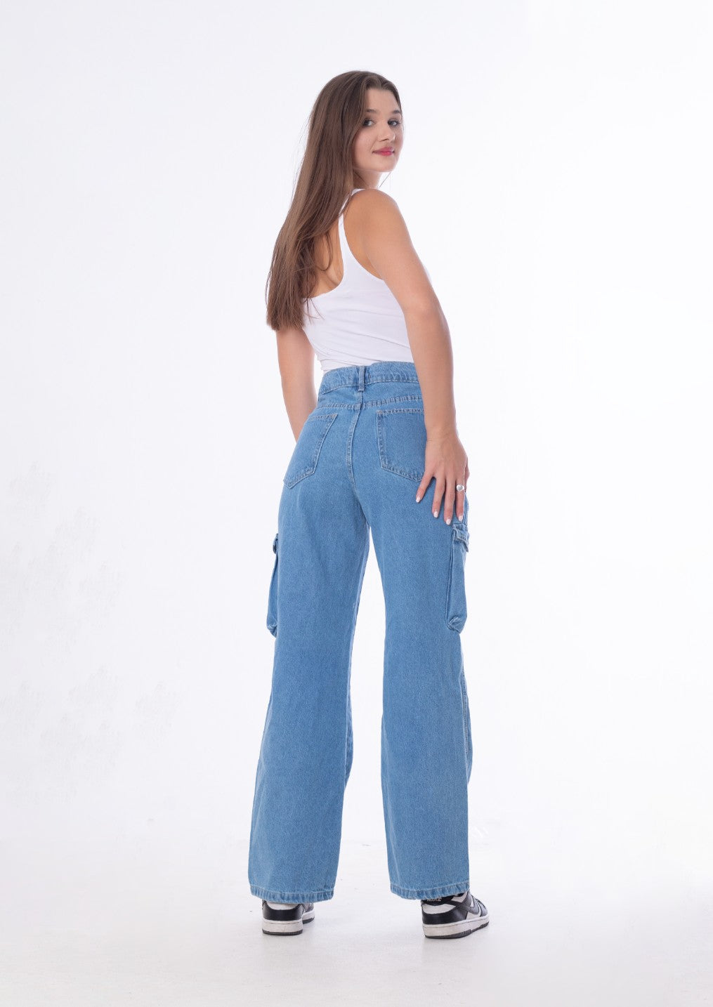 High Waist Flap Cargo Pocket Rope Medium Blue Color Jeans Pants OB-634B