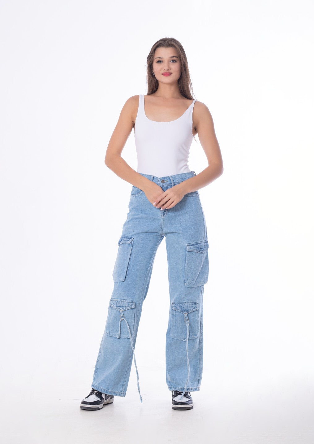 High Waist Flap Cargo Pocket Rope Light Blue Color Jeans Pants OB-634C