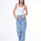 High Waist Flap Cargo Pocket Rope Light Blue Color Jeans Pants OB-634C