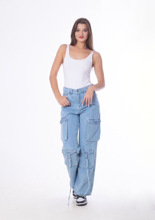 High Waist Flap Cargo Pocket Rope Light Blue Color Jeans Pants OB-634C