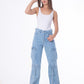 High Waist Flap Cargo Pocket Rope Light Blue Color Jeans Pants OB-634C