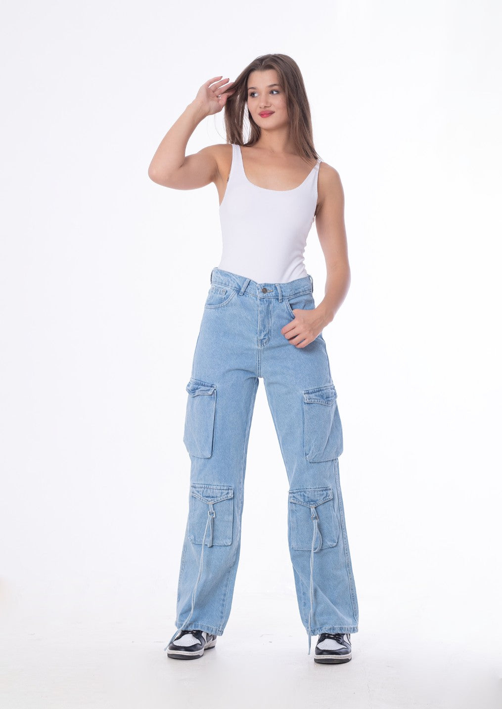 High Waist Flap Cargo Pocket Rope Light Blue Color Jeans Pants OB-634C