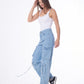 High Waist Flap Cargo Pocket Rope Light Blue Color Jeans Pants OB-634C