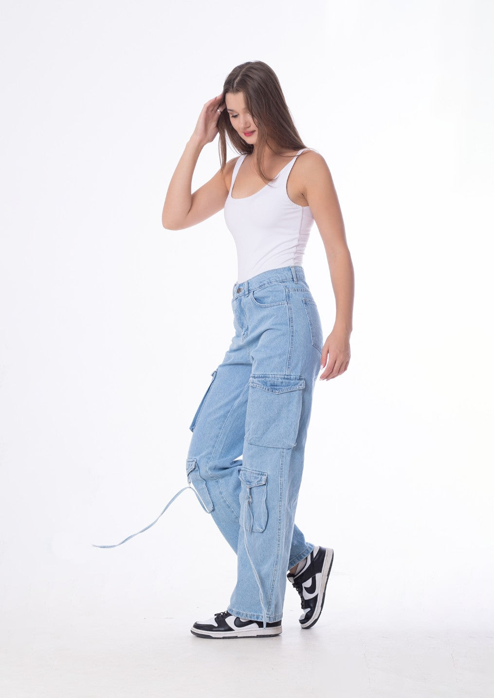 High Waist Flap Cargo Pocket Rope Light Blue Color Jeans Pants OB-634C