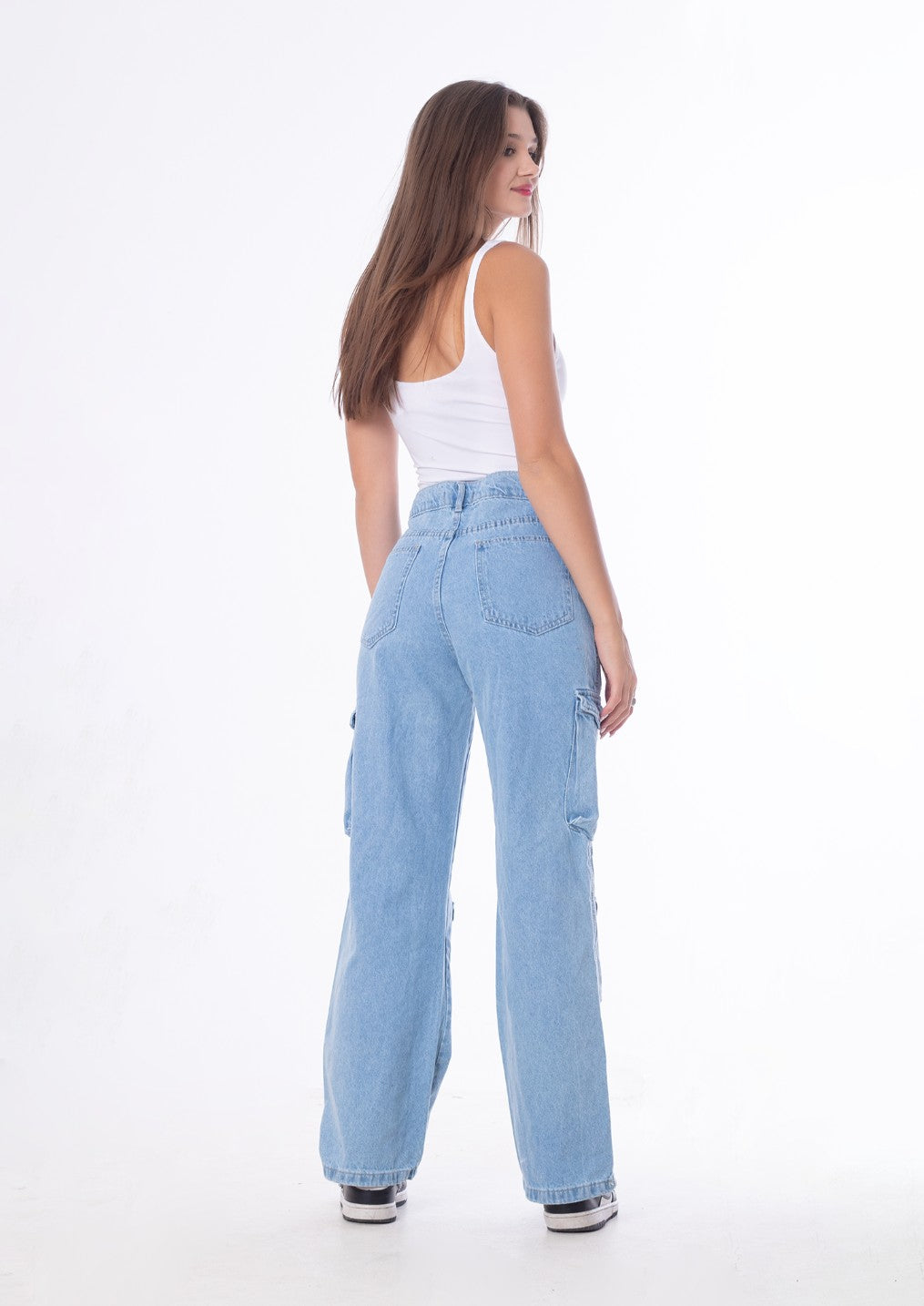High Waist Flap Cargo Pocket Rope Light Blue Color Jeans Pants OB-634C