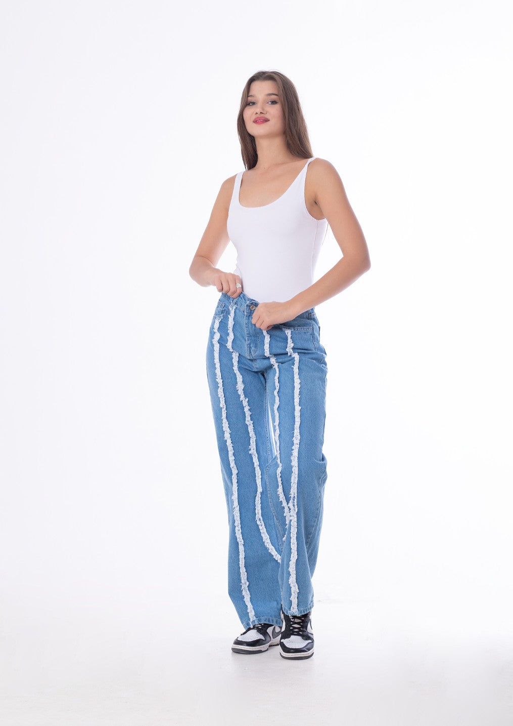 Straight Fringe Jeans Pants Light Blue Color OB-639C