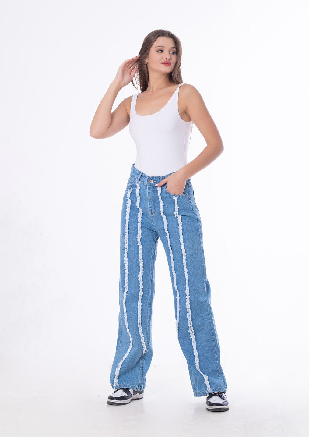 Straight Fringe Jeans Pants Light Blue Color OB-639C