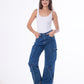High Waist Flap Cargo Pocket Rope Dark Blue Color Jeans Pants OB-634A