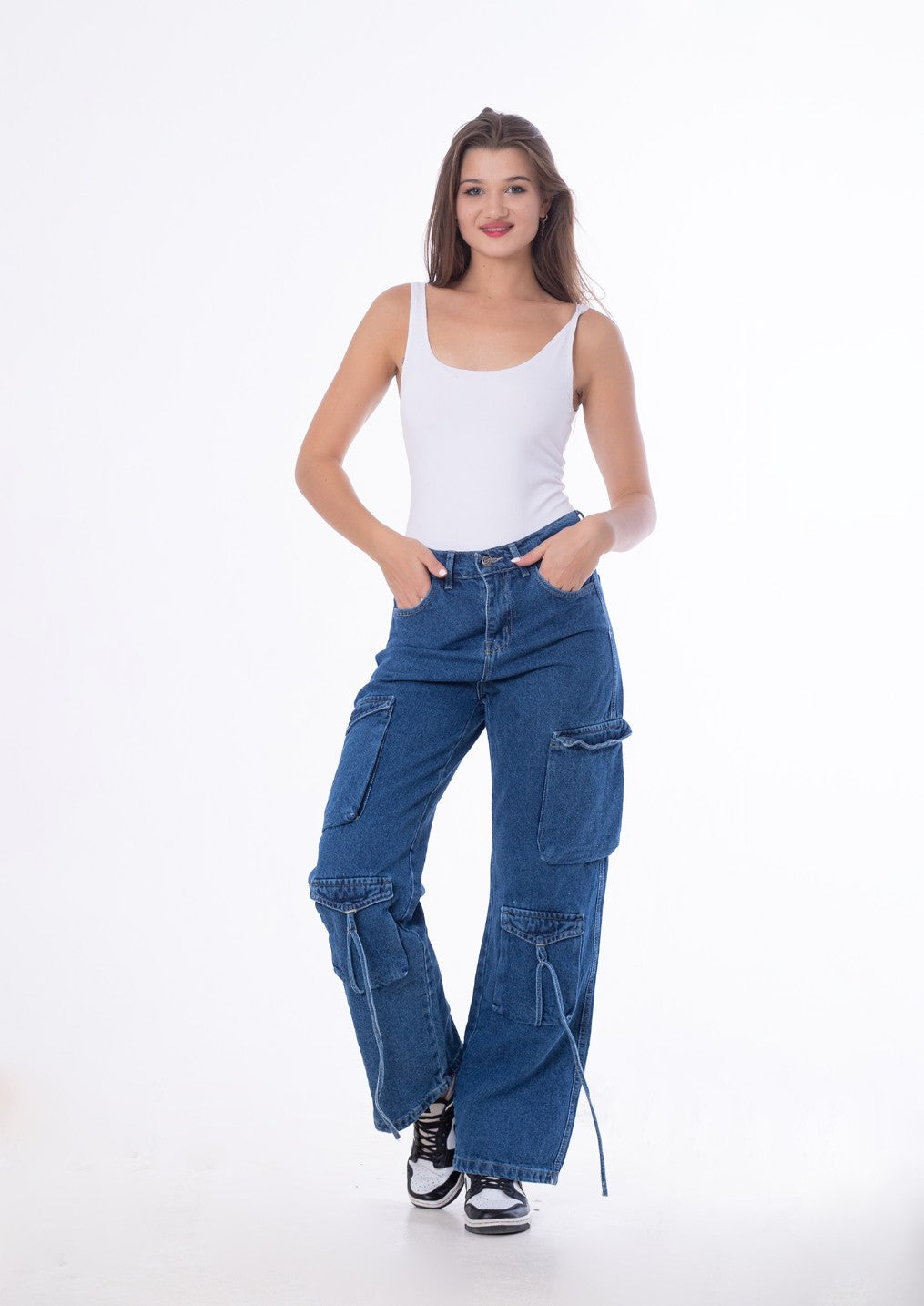 High Waist Flap Cargo Pocket Rope Dark Blue Color Jeans Pants OB-634A