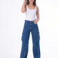 High Waist Flap Cargo Pocket Rope Dark Blue Color Jeans Pants OB-634A