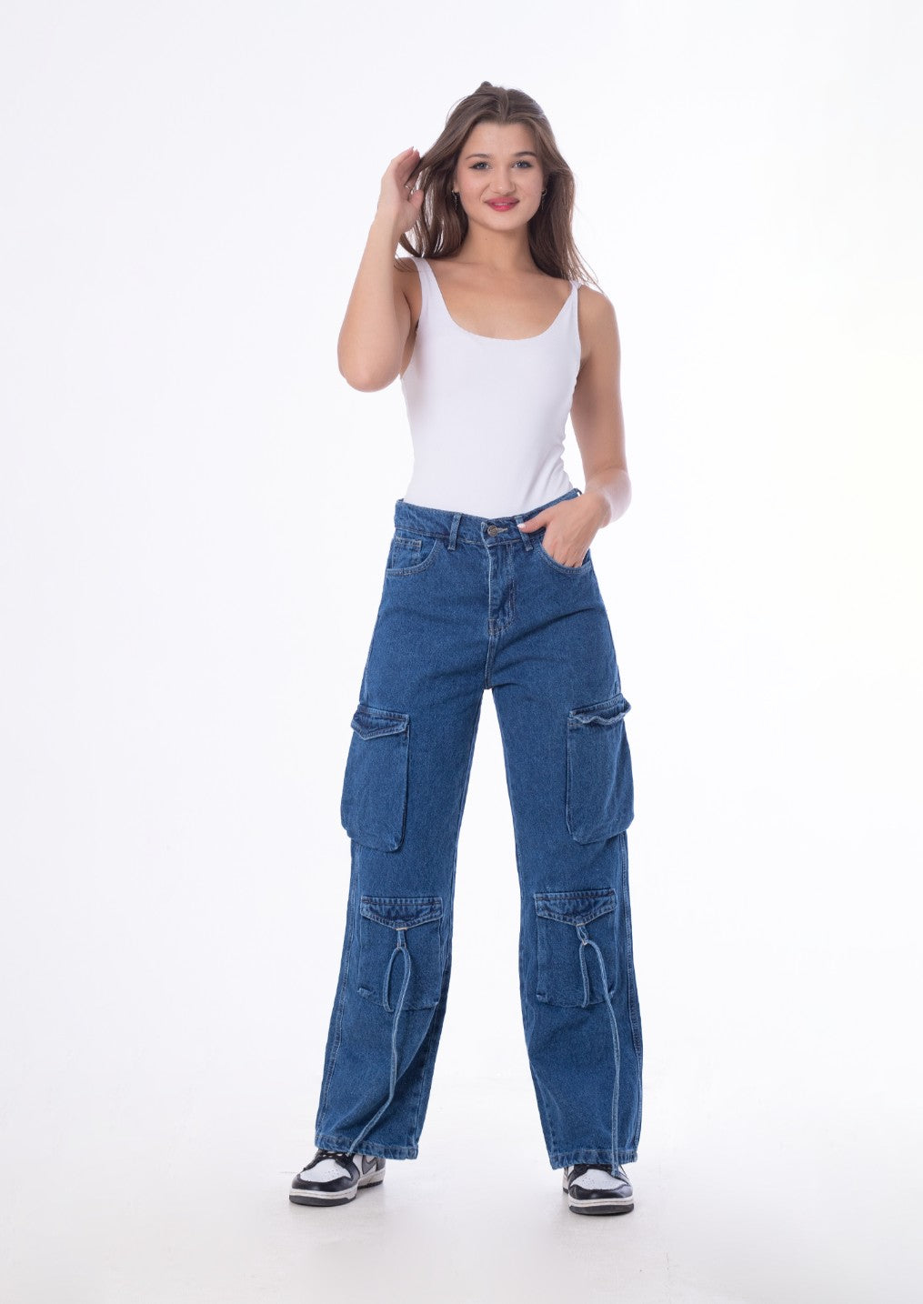 High Waist Flap Cargo Pocket Rope Dark Blue Color Jeans Pants OB-634A