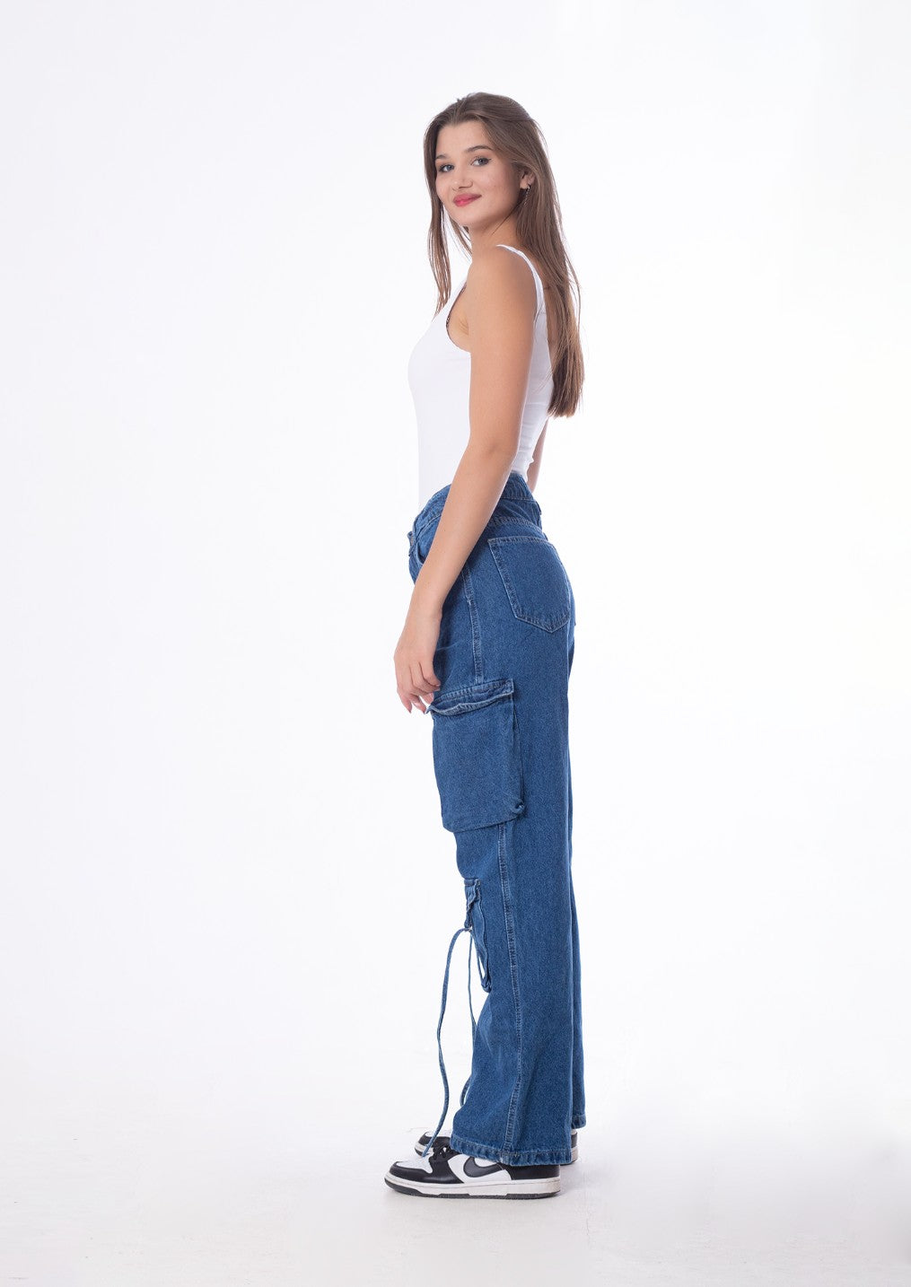 High Waist Flap Cargo Pocket Rope Dark Blue Color Jeans Pants OB-634A