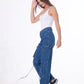 High Waist Flap Cargo Pocket Rope Dark Blue Color Jeans Pants OB-634A