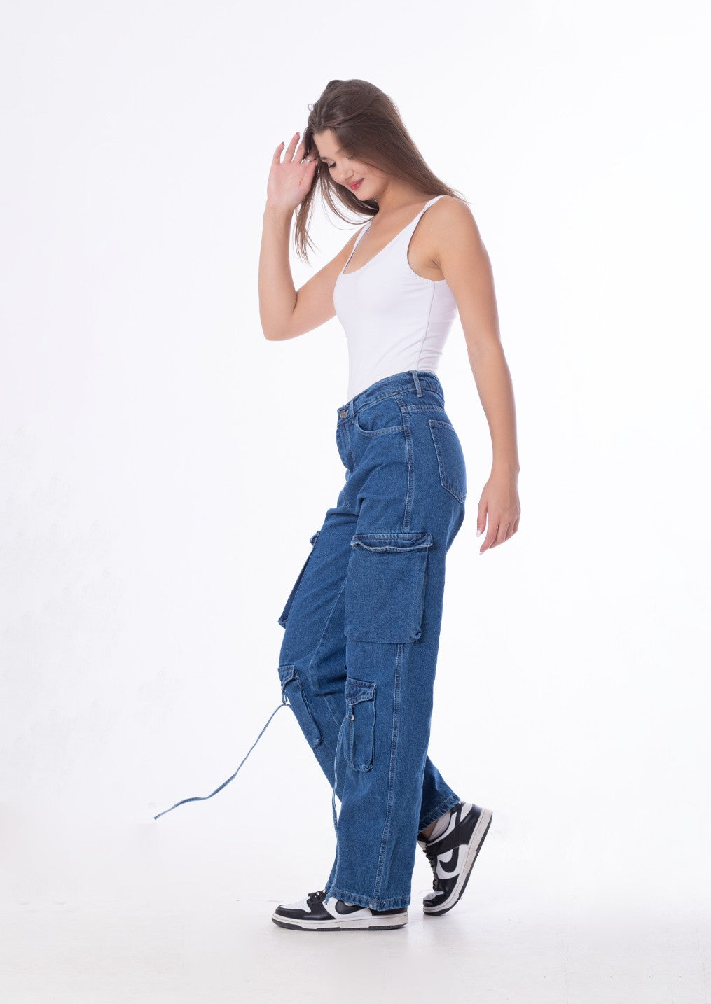 High Waist Flap Cargo Pocket Rope Dark Blue Color Jeans Pants OB-634A