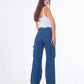 High Waist Flap Cargo Pocket Rope Dark Blue Color Jeans Pants OB-634A