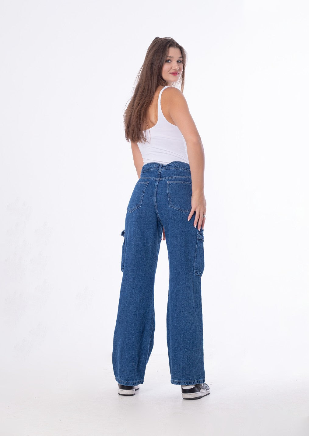 High Waist Flap Cargo Pocket Rope Dark Blue Color Jeans Pants OB-634A