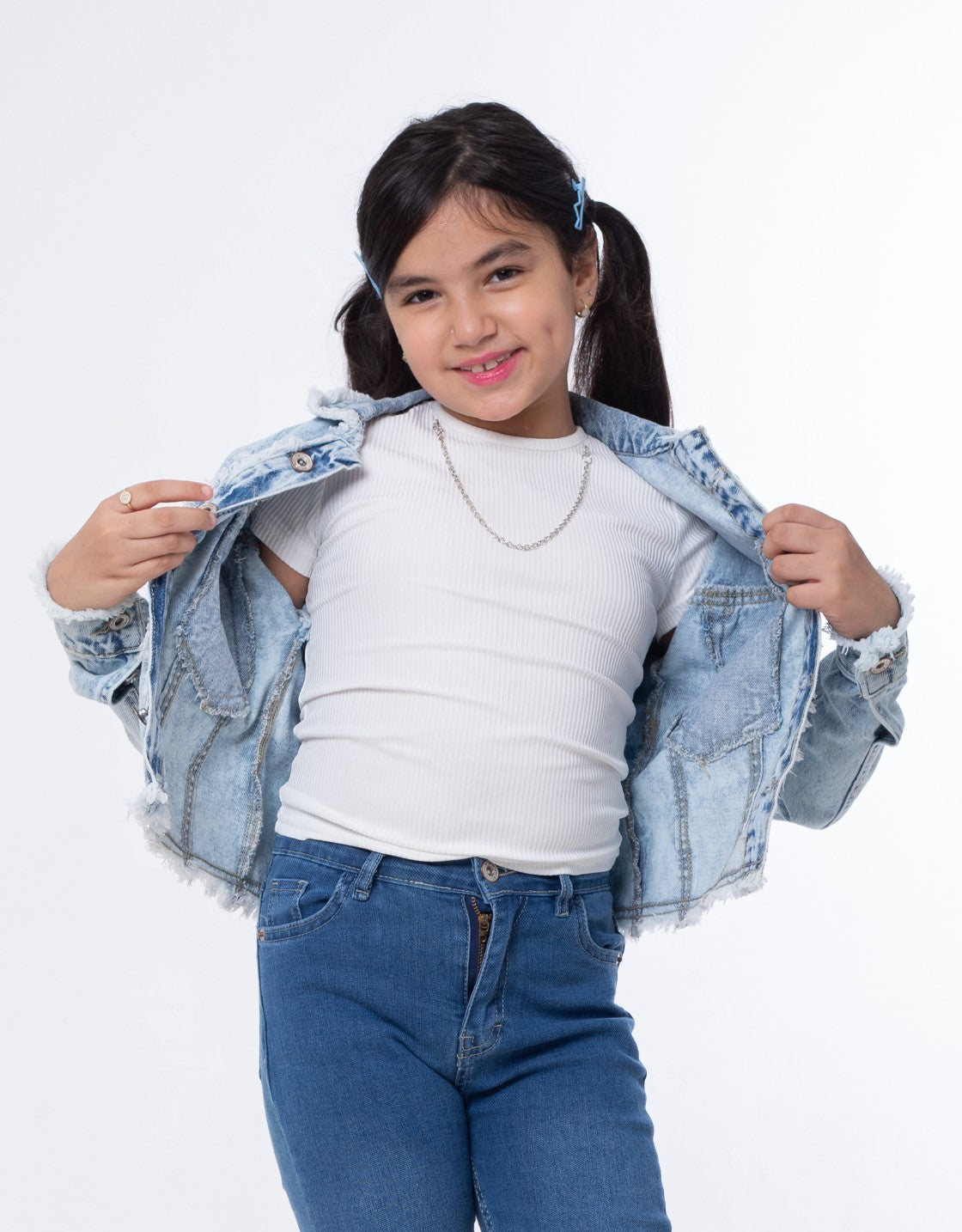 Jeans Jacket Fringe Trim Drop Shoulder Teenager Light Quarry Color OJ-547V
