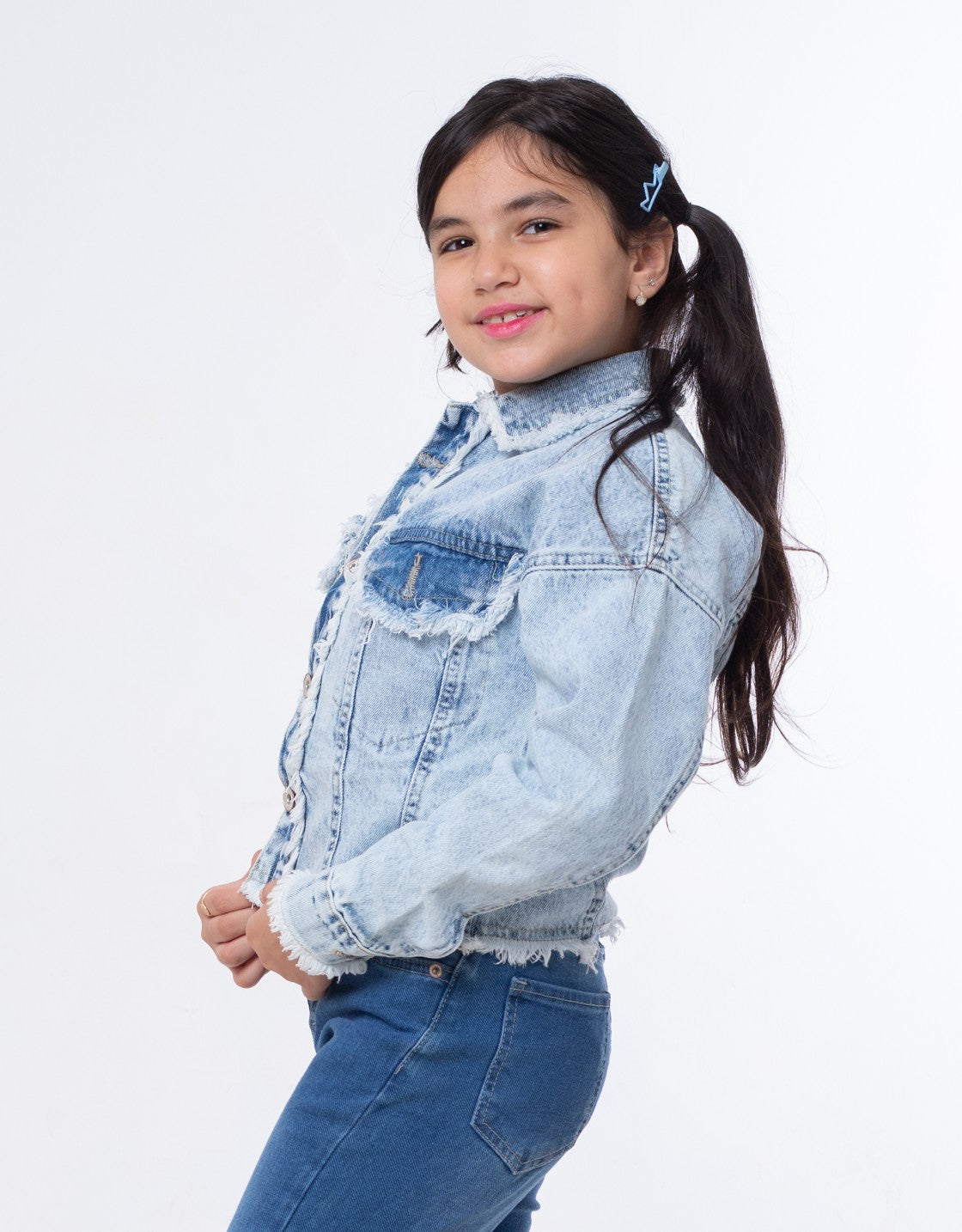Jeans Jacket Fringe Trim Drop Shoulder Teenager Light Quarry Color OJ-547V