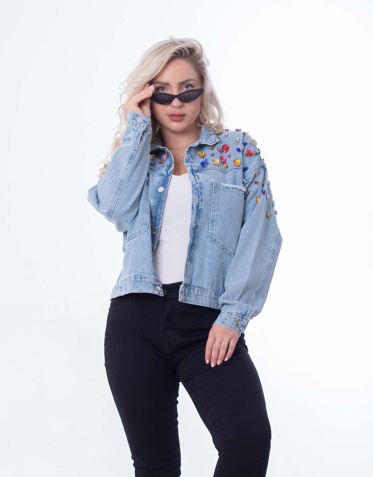 Jeans Jacket Diamond Shoulder Light Quarry Color OJ-542/1V