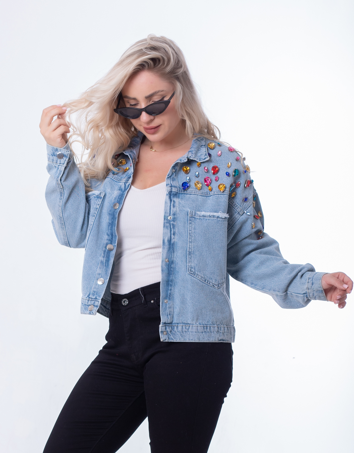 Jeans Jacket Diamond Shoulder Light Quarry Color OJ-542/1V