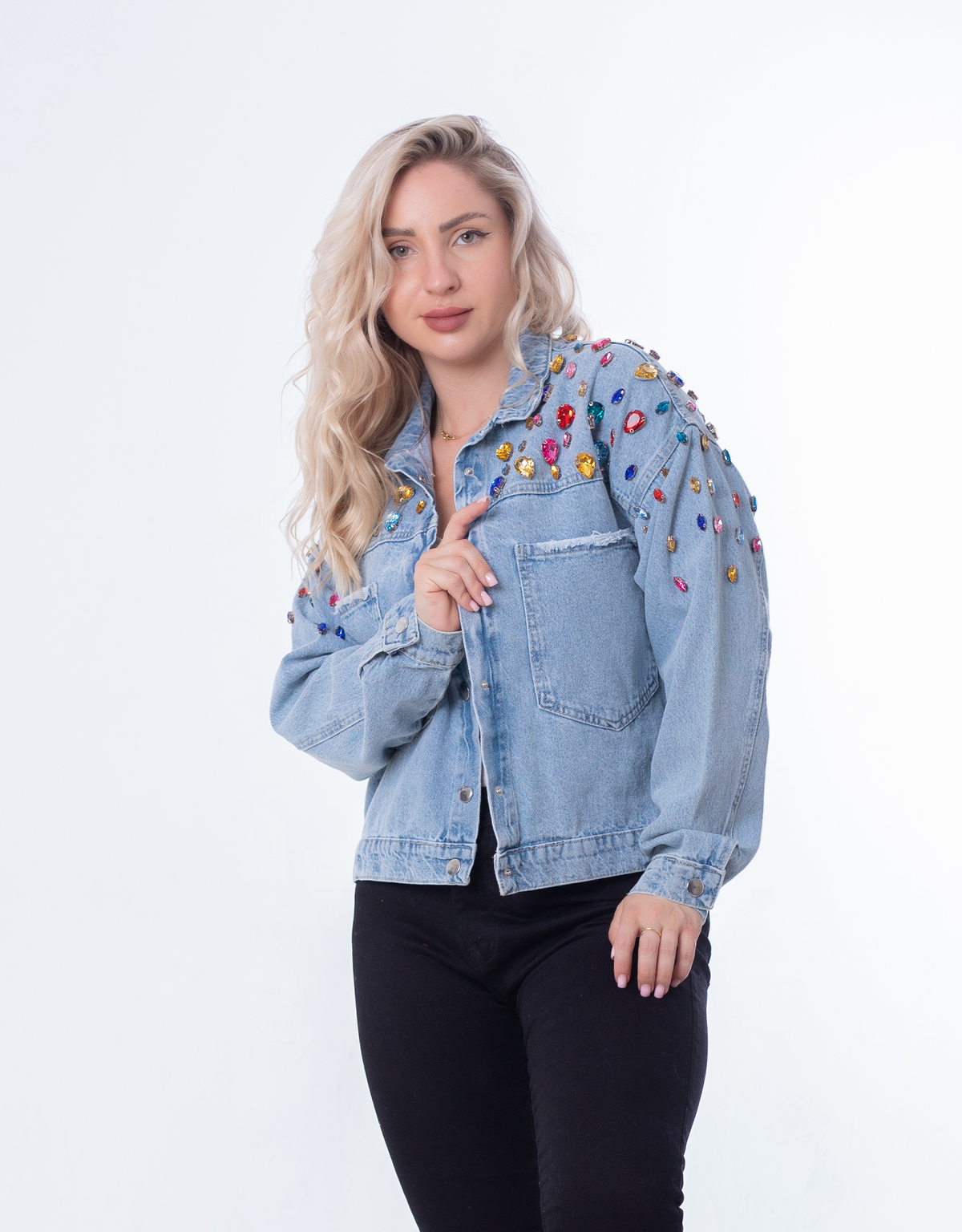 Jeans Jacket Diamond Shoulder Light Quarry Color OJ-542/1V
