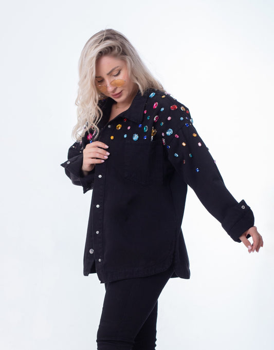Jeans Jacket Diamond Shoulder Black Color OJ-542/1BL