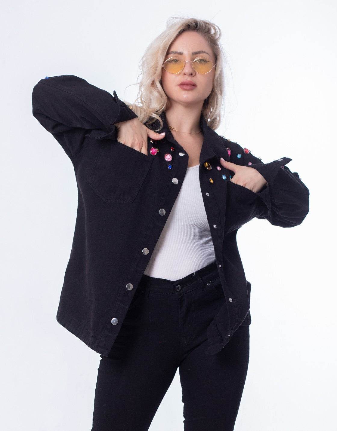 Jeans Jacket Diamond Shoulder Black Color OJ-542/1BL