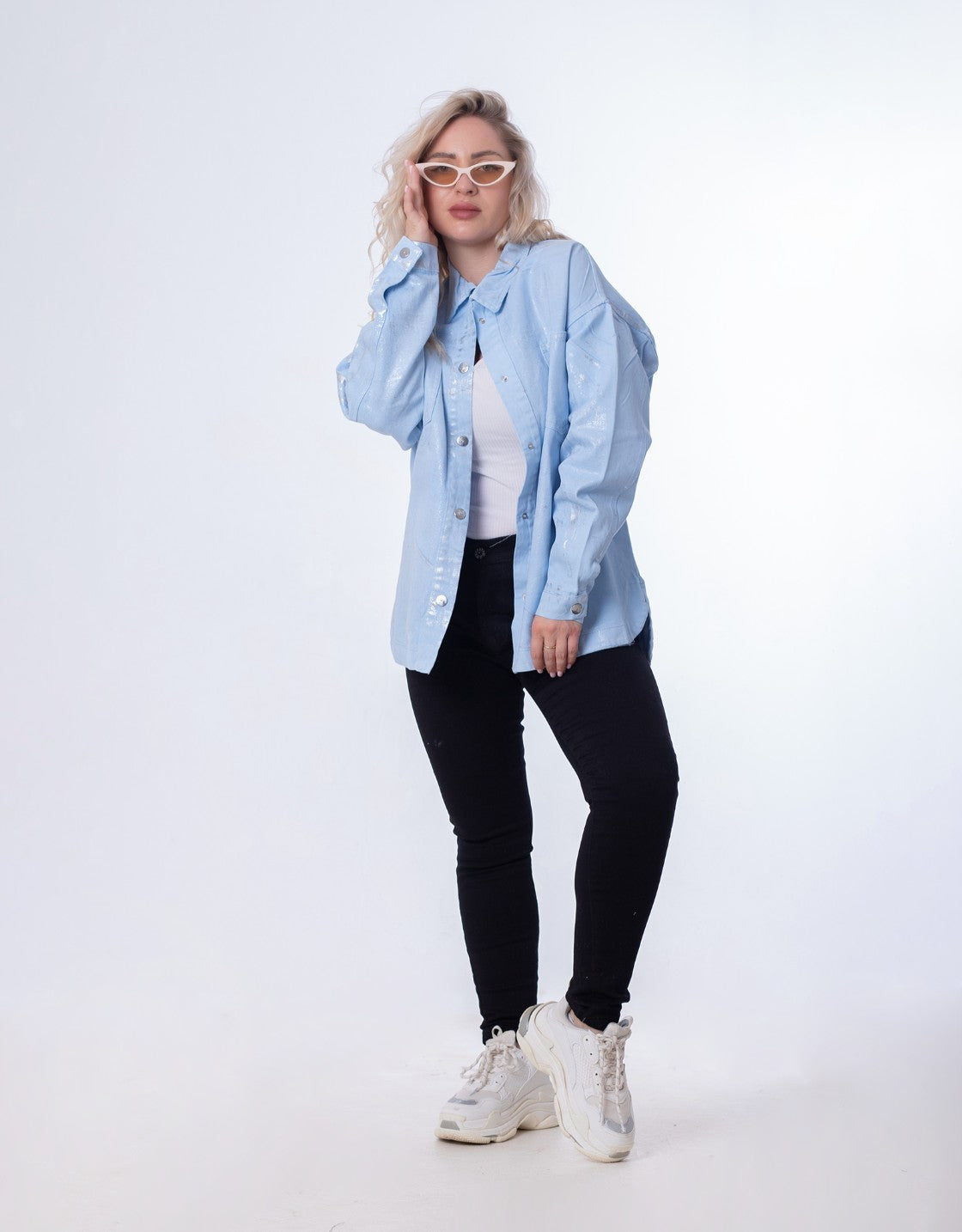 Gabardine Jacket Metallic With Pockets And Front Buttons Baby Blue Color OJ-512/1BB
