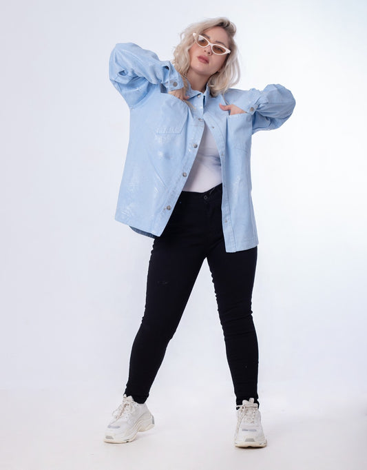 Gabardine Jacket Metallic With Pockets And Front Buttons Baby Blue Color OJ-512/1BB