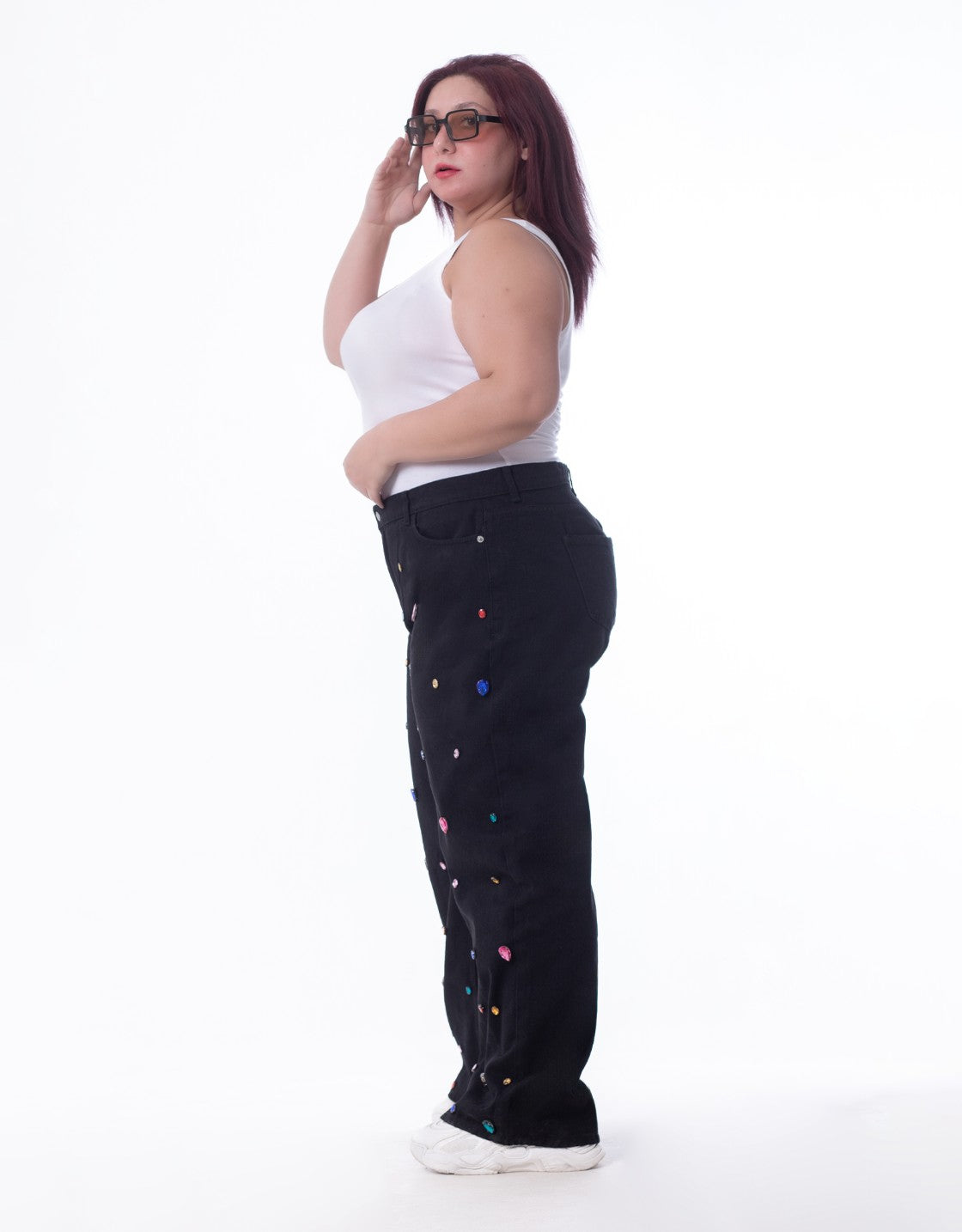 Plus Size High Waist Straight Diamond Studded Black Jeans OBD-375-BL