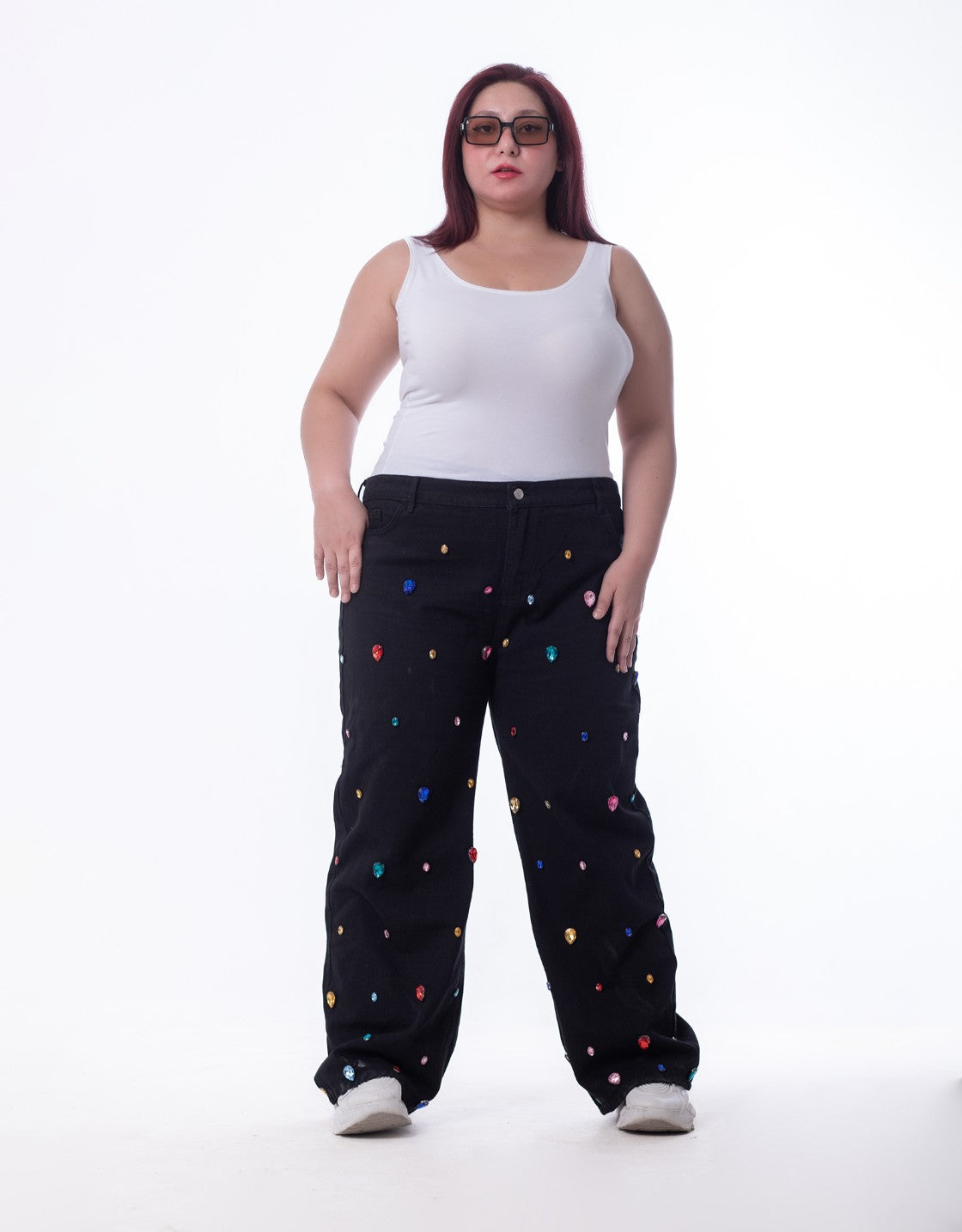 Plus Size High Waist Straight Diamond Studded Black Jeans OBD-375-BL