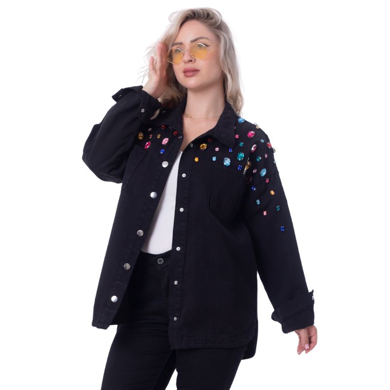 Jeans Jacket Diamond Shoulder Black Color OJ-542/1BL