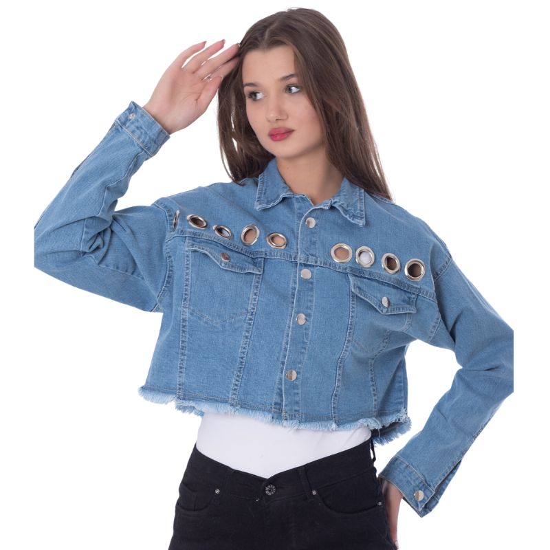 Metal Rings Jeans Jacket Medium Blue Color OJ-549B