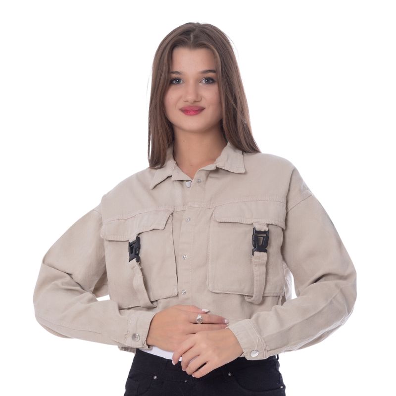 Gabardine Jacket With Front Chain Closure Beige Color OJ-548CR