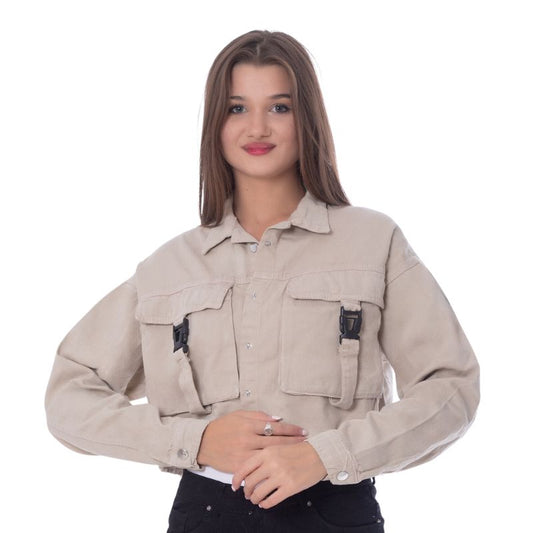 Gabardine Jacket With Front Chain Closure Beige Color OJ-548CR