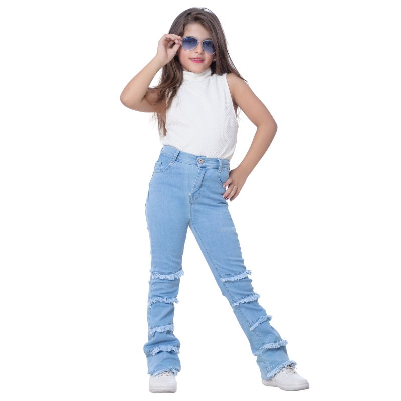 High Waist Charleston Fringe Trim Jeans Pants Light Blue Color Teenager OH-645C