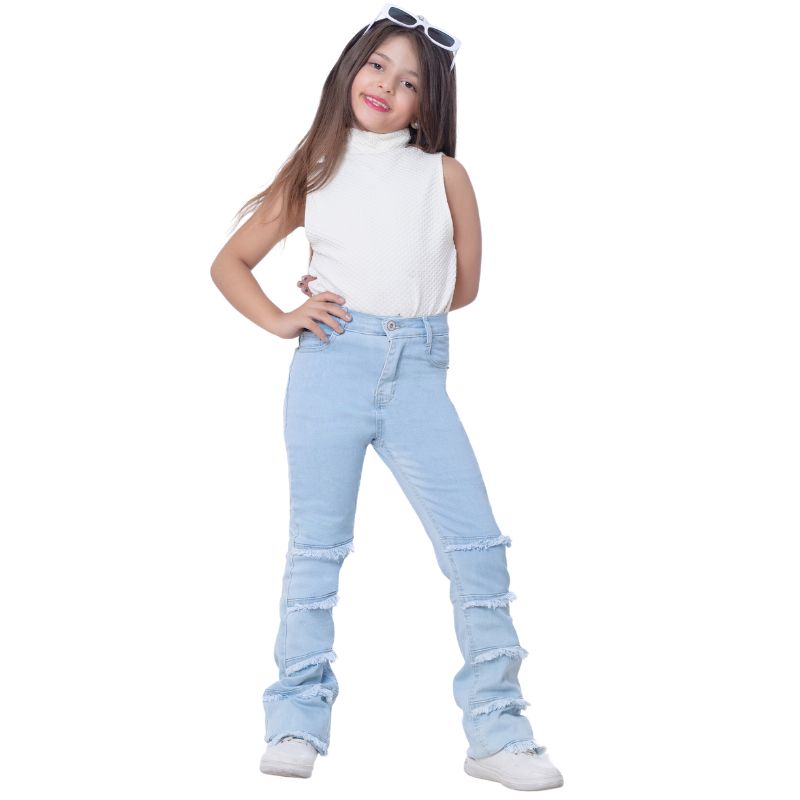 High Waist Charleston Fringe Trim Jeans Pants Ice Blue Color Teenager OH-645i