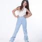 High Waist Charleston Fringe Trim Jeans Pants Ice Blue Color Teenager OH-645i