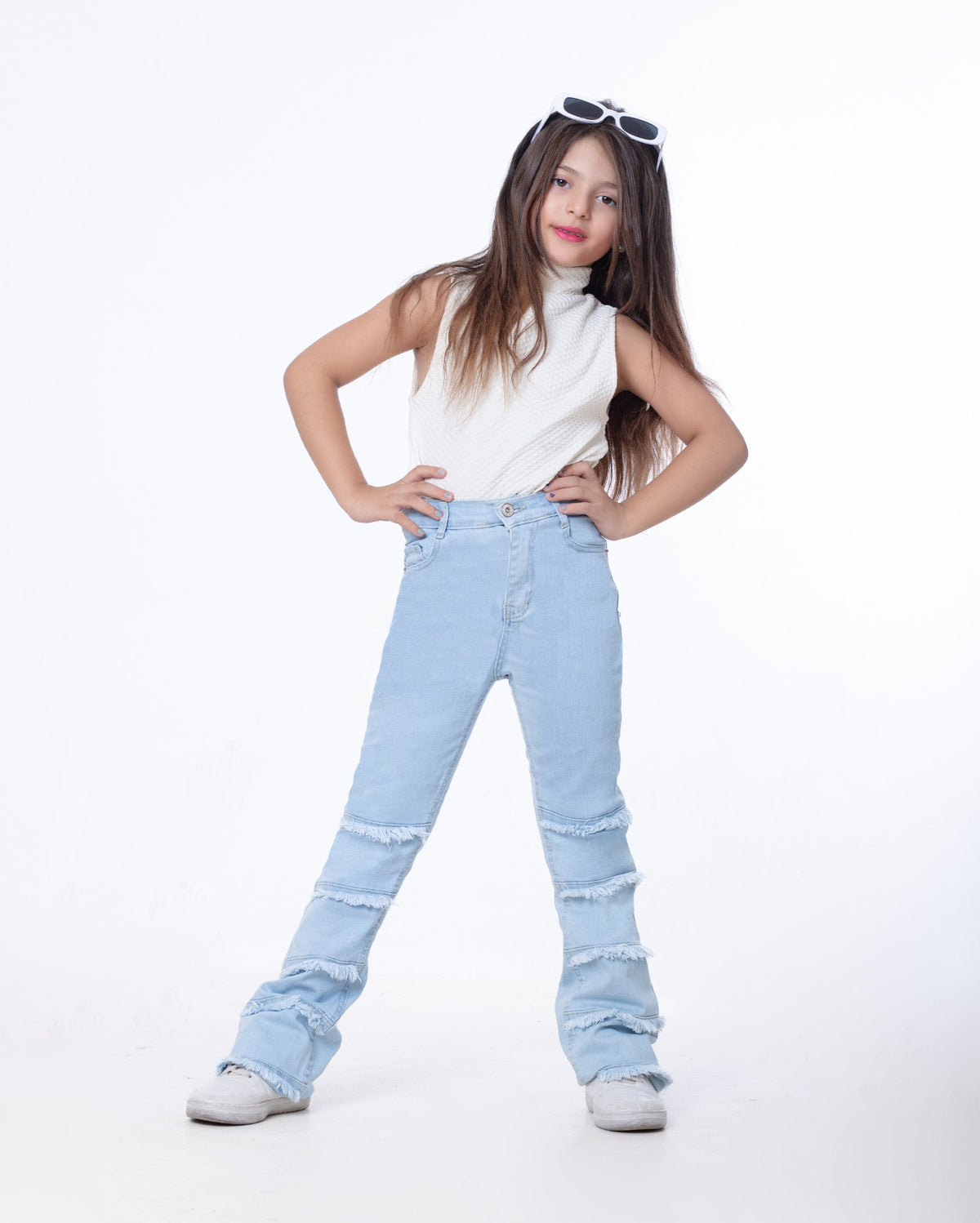 High Waist Charleston Fringe Trim Jeans Pants Ice Blue Color Teenager OH-645i