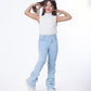 High Waist Charleston Fringe Trim Jeans Pants Ice Blue Color Teenager OH-645i