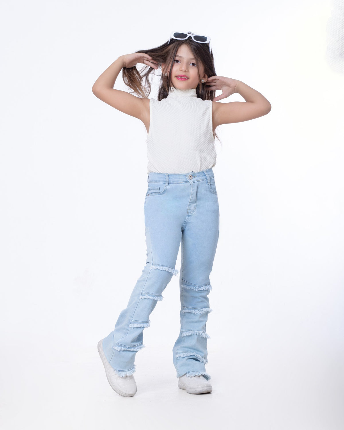 High Waist Charleston Fringe Trim Jeans Pants Ice Blue Color Teenager OH-645i