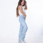 High Waist Charleston Fringe Trim Jeans Pants Ice Blue Color Teenager OH-645i