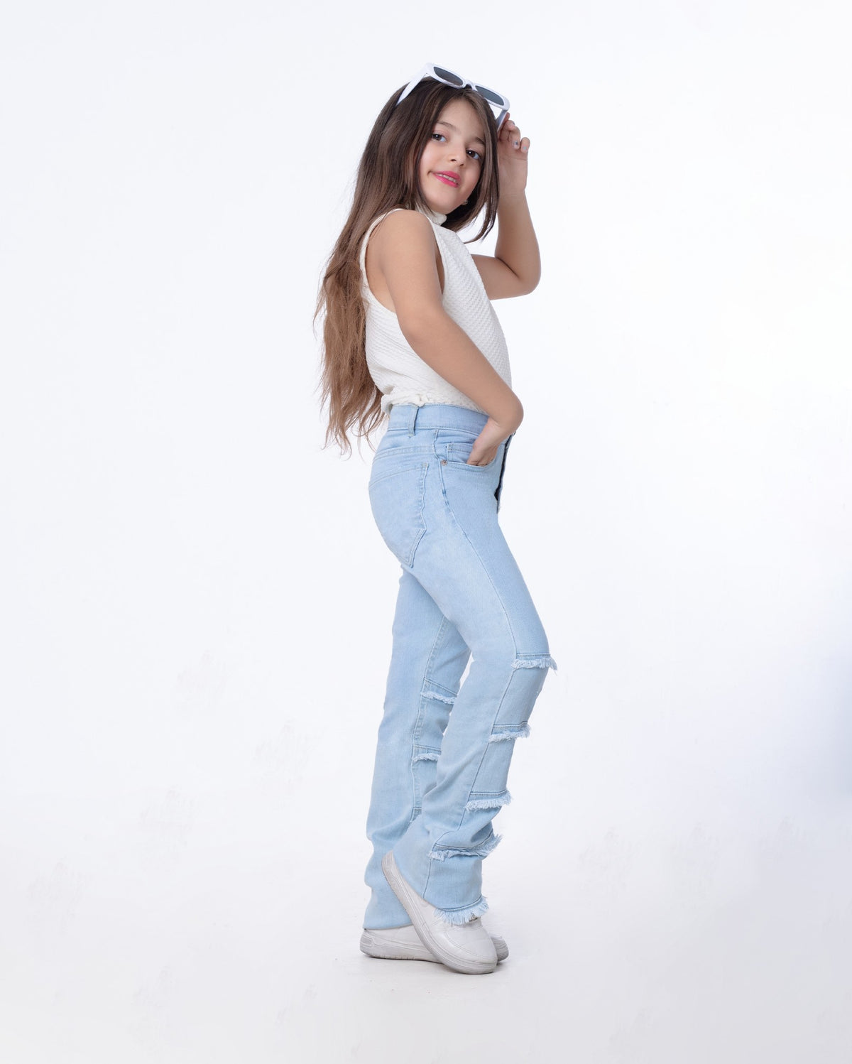 High Waist Charleston Fringe Trim Jeans Pants Ice Blue Color Teenager OH-645i