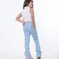 High Waist Charleston Fringe Trim Jeans Pants Ice Blue Color Teenager OH-645i