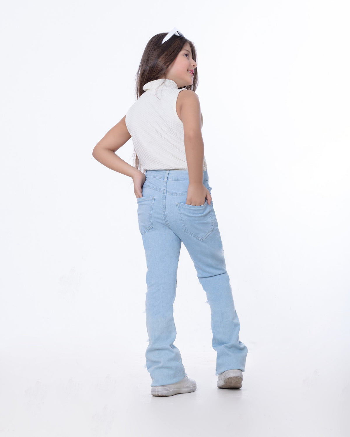 High Waist Charleston Fringe Trim Jeans Pants Ice Blue Color Teenager OH-645i