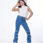 High Waist Charleston Fringe Trim Jeans Pants Medium Blue Color Teenager OH-645B