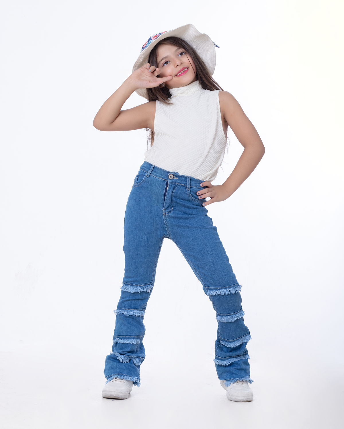 High Waist Charleston Fringe Trim Jeans Pants Medium Blue Color Teenager OH-645B