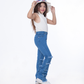 High Waist Charleston Fringe Trim Jeans Pants Medium Blue Color Teenager OH-645B