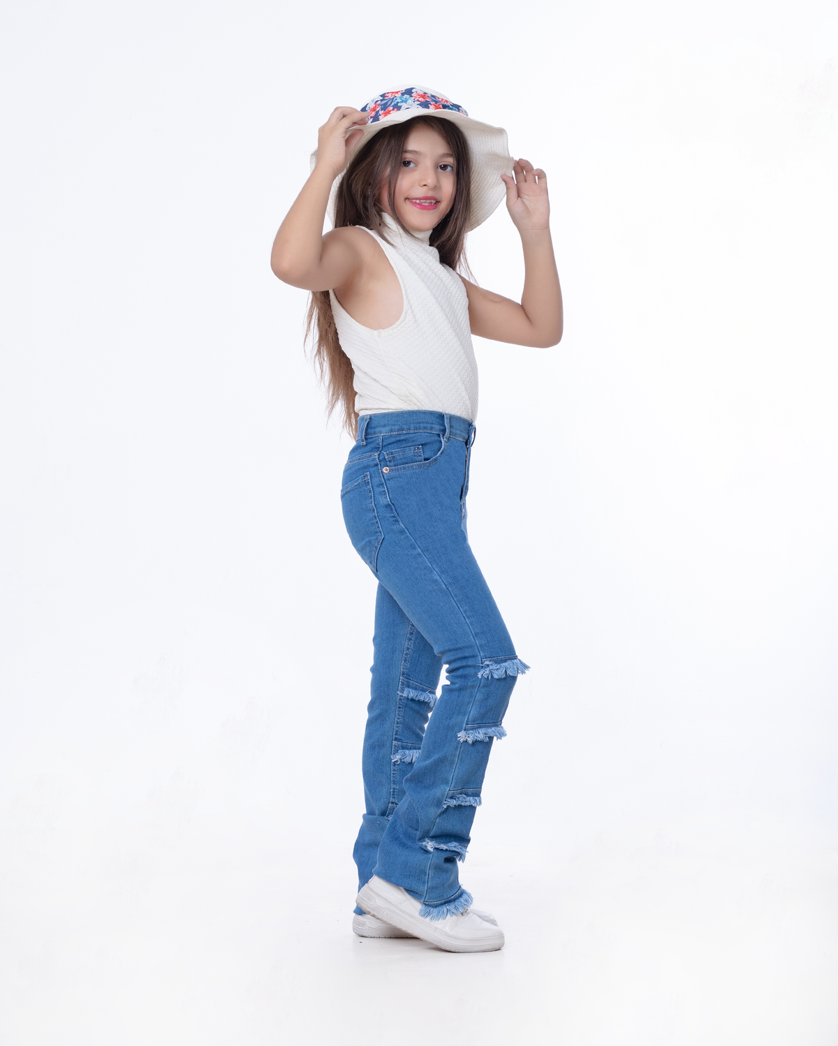 High Waist Charleston Fringe Trim Jeans Pants Medium Blue Color Teenager OH-645B