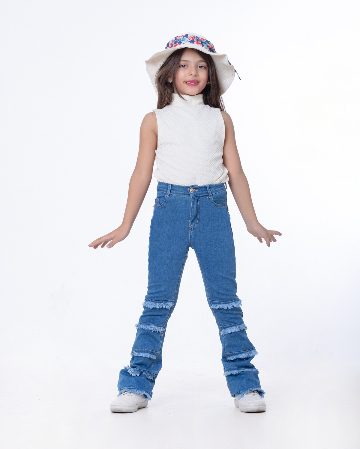High Waist Charleston Fringe Trim Jeans Pants Medium Blue Color Teenager OH-645B